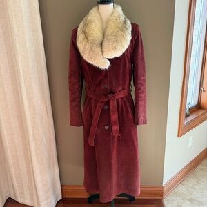 Vintage 1970’s Leather Attic Oxblood Suede with fur collar, Size 13/14